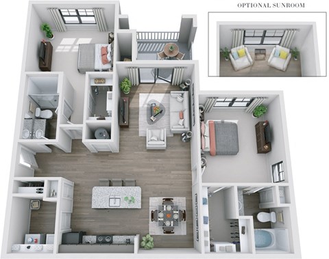 Floor plan for 2 beds, 2 baths, 1168 sqft